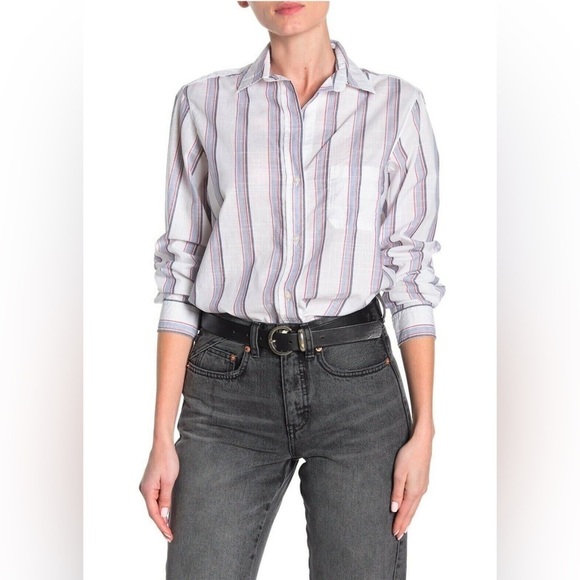 Grayson The Hero Button-Up Washed Cotton Top Ida White Stripe 2 S Anthropologie - Picture 2 of 9